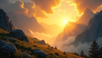 Fototapeta premium A majestic, ethereal landscape bathed in golden light, suggesting a divine presence Perfect for religious, spiritual, or fantasy projects needing a powerful backdrop , energy, sky, creation