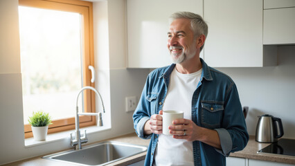 Cheerful man stands in modern kitchen, holding cup of coffee. Sunlight streams through window, creating warm atmosphere