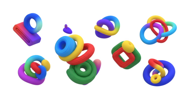 Vibrant 3D Rendering of Abstract Interlocking Shapes on Black Background