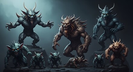 Fototapeta premium A collection of scary monsters and demons from hell, a nightmare for halloween and horror themes
