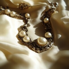 Elegant necklace featuring lustrous pearls nestled in intricate vintage metalwork, beautifully laid on a soft silk fabric, capturing timeless beauty and craftsmanship.
