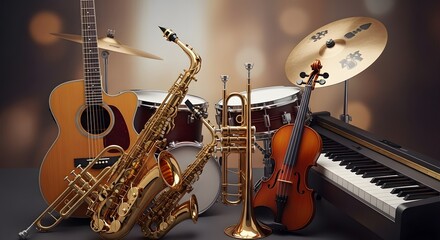 Fototapeta premium A diverse collection of musical instruments including guitar, saxophone, drums, trumpet, violin, and piano