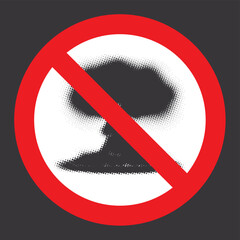 Vector pixel nuclear explosion mushroom with halftone effect in red crossed out circle sign. Suitable for anti-war posters dedicated to nuclear war and environmental pollution. 