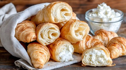 Close-up of fresh French croissant layers with buttery flaky texture 