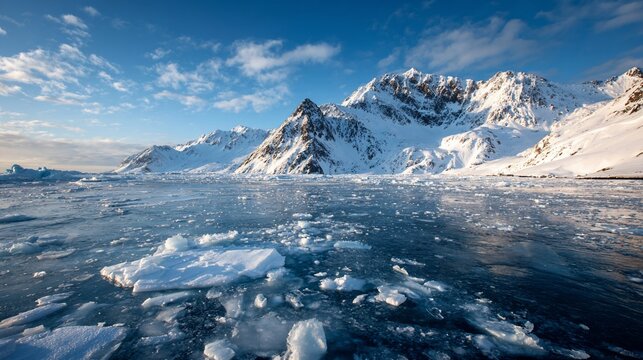 Frozen landscape with ice floes, snowy mountains, and a bright blue sky