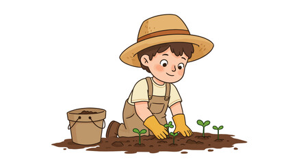 Cartoon Boy Planting Seedlings in Soil with Gloves and Hat