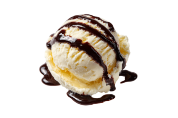 Scoop of vanilla ice cream with chocolate syrup isolated on transparent background