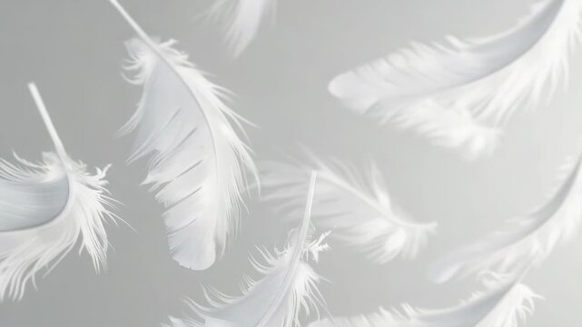 A bunch of white feathers floating gently in the air, perfect for adding a touch of elegance and whimsy to your design