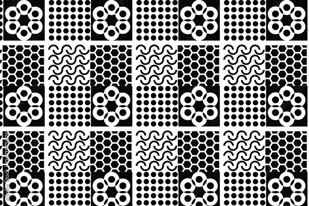 Poster black and white geometric pattern with circles hexagons and wavy lines