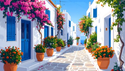 Calle mediterránea griega con casas blancas, puertas azules y macetas floridas al sol