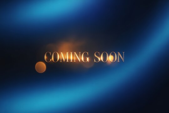 Elegant golden 'Coming Soon' text glows on a dark blue gradient background with soft bokeh lights, perfect for movie trailers or event announcements.