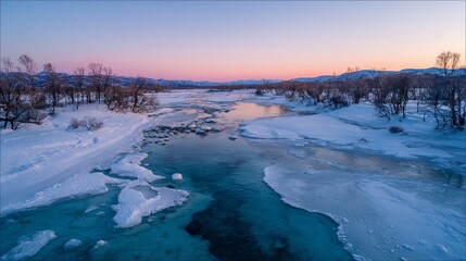 Frozen river with snow banks under a pastel sky during the winter season