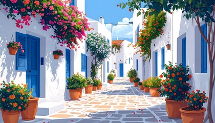 Calle griega mediterránea con casas blancas, puertas azules y macetas floridas