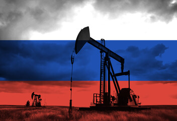 Drilling for oil in the countryside with Russian national flag overlay