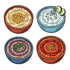 A colorful handdrawn illustration set of four traditional Mediterranean dips hummus tzatziki baba ghanoush and muhammara.