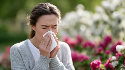A young woman with watery eyes holds a tissue amid blooming spring flowers, bathed in soft sunlight.