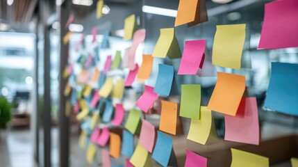 Close-up colorful sticky notes brainstorming marketing ideas on glass wall