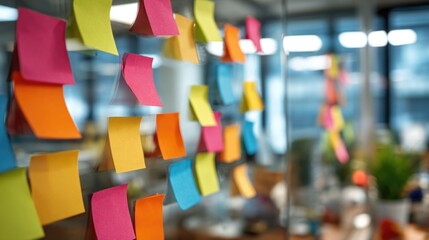 Close-up colorful sticky notes brainstorming marketing ideas on glass wall