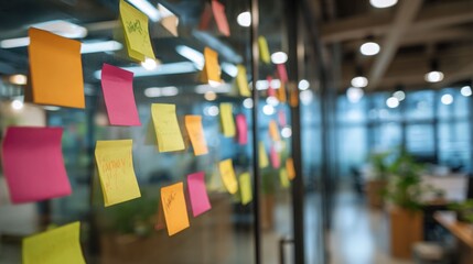 Close-up colorful sticky notes brainstorming marketing ideas on glass wall