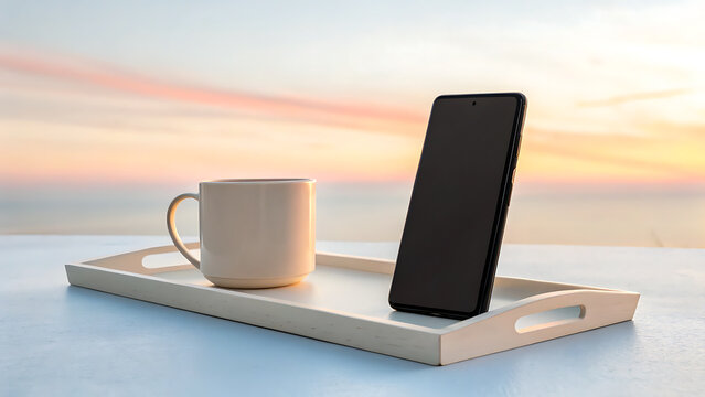 Smartphone and coffee mug on tray at sunrise over the ocean