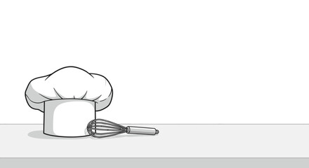 A classic white chef's hat and a wire whisk, depicted in a clean, monochrome line art illustration style.