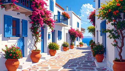 Calle mediterránea griega con casas blancas, balcones azules y buganvillas en flor