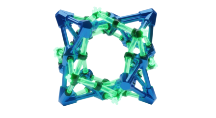 Intricate angular frame, glowing green fiber optics, electric blue metallic connectors, white background, central copy space, futuristic data display network concept