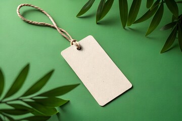 Blank paper tag with string on green background surrounded by green leaves