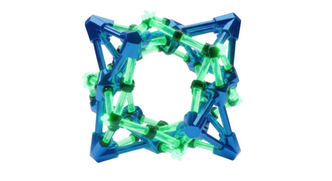 Intricate angular frame, glowing green fiber optics, electric blue metallic connectors, white background, central copy space, futuristic data display network concept