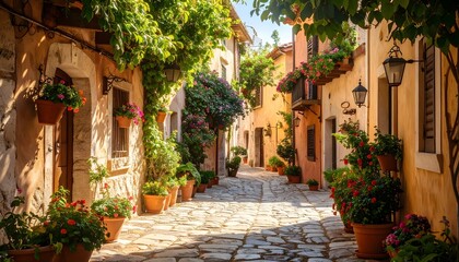 Calle empedrada con casas tradicionales y macetas floridas en pueblo mediterráneo soleado