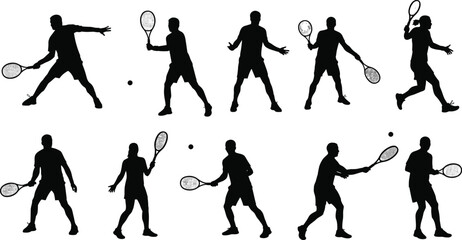 Tennis silhouettes, action shots, racket sports, forehand backhand serve, athlete training, dynamic motion, sports competition, fitness, court play, tennis performance