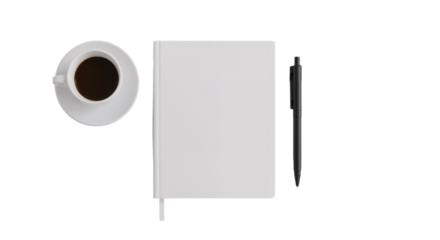 This high-resolution image captures a serene, top-down view of a thoughtfully arranged workspace on a soft light gray surface. A clean white notebook lies closed, symbolizing readiness for ideas, plan