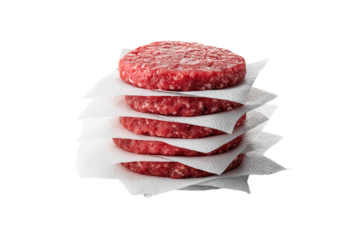 Stack of raw ground beef burger patties isolated on transparent background