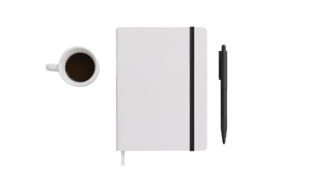 This high-resolution image captures a serene, top-down view of a thoughtfully arranged workspace on a soft light gray surface. A clean white notebook lies closed, symbolizing readiness for ideas, plan