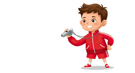Cheerful young boy in red tracksuit holding a silver whistle