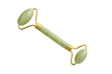 Jade Facial Roller Product Shot with Gold Handles Isolated on White