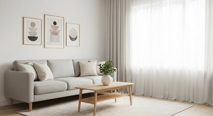 Bright and cozy living room interior with a sofa, table, and artwork in a minimalist style