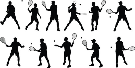 Tennis silhouettes, player action poses, racket sports, forehand backhand serve, athlete training, dynamic motion, sports competition, fitness, court play, tennis technique