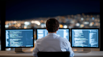 A junior codes late at night in a computer lab surrounded by monitors empty energy drink cans and lines of code glowing on screens captured in a techy photo with pixel clarity