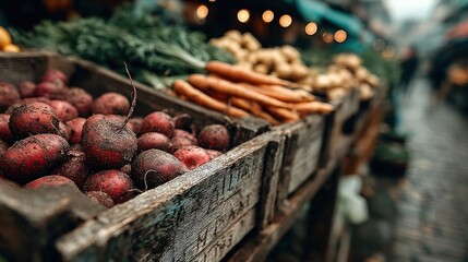 Fresh produce in crates on outdoor market street
