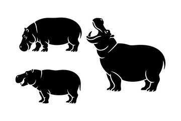Elegant silhouette of hippopotamuses in various poses