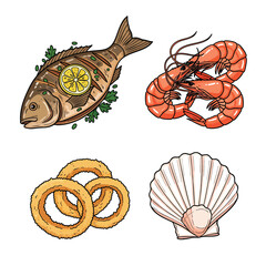 A colorful handdrawn illustration set of seafood dishes grilled fish cooked shrimp fried rings and a scallop shell.