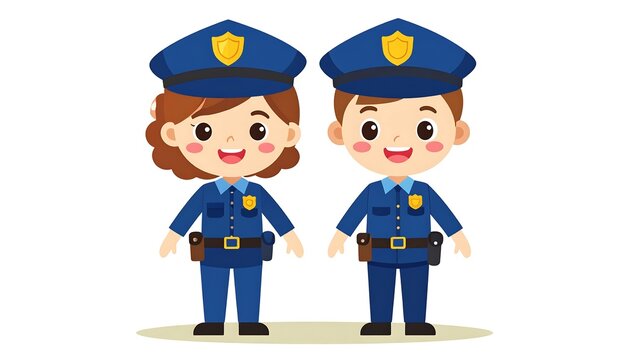 Two smiling cartoon police officers, a male and female, in uniform, stand side by side against a white background