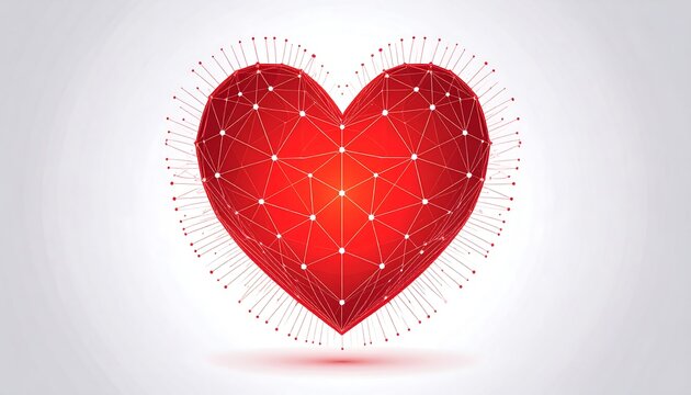 Red polygonal heart, lines radiate outward, low-poly style
