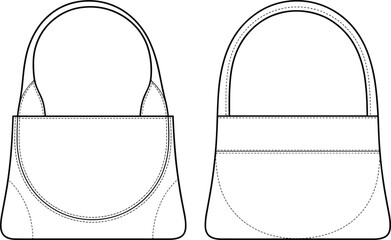Handbag fashion vector illustration with front and back technical flat sketch, stylish shoulder bag design template, leather accessory outline drawing for apparel