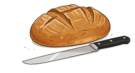 Freshly Baked Loaf of Bread with Serrated Knife Illustration