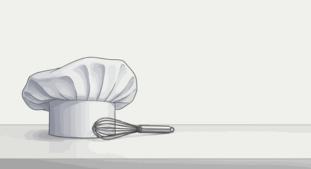 Illustrated white pleated chef's hat, a toque blanche, with a metal wire whisk.