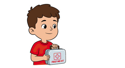 Smiling cartoon boy with brown hair and a red t-shirt holding a medical first aid kit.