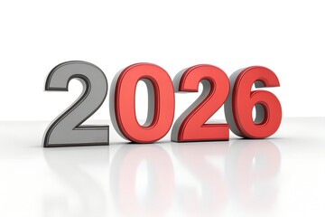 3d render of the isolated on white background year 2026 in metallic gray and red