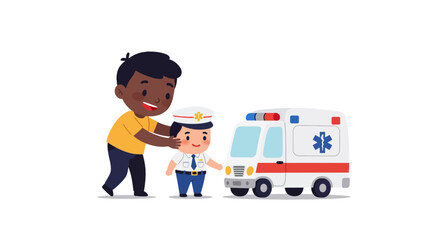 Cheerful boy with paramedic and ambulance, symbolizing healthcare and assistance